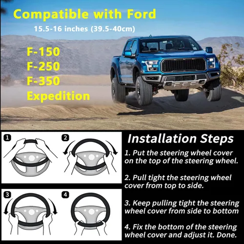 Vista 6 de Yangday Funda de cuero para volante para Ford F150 F250 F350, 15.5-16 pulgadas Funda para volante de coche con partícula antideslizante de masaje