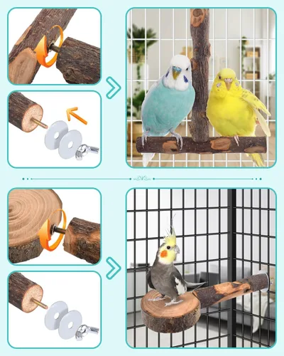 Vista 2 de DBNESS - Perchas para pájaros, 8 piezas de madera natural, soporte de escalada para loros, juguetes para jaula de pájaros, accesorios para colgar