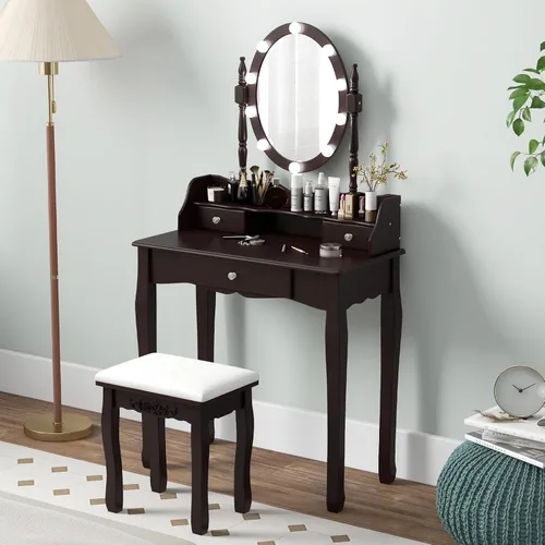 Vista 7 de Byroce - Juego de tocador con taburete acolchado, mesa de maquillaje con espejo ovalado iluminado giratorio de 360°, 3 cajones, 10 luces LED