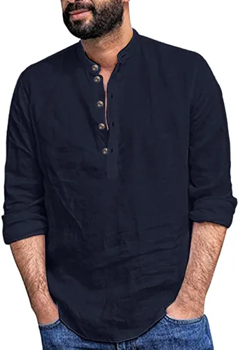 Vista 6 de Camisa de guayabera cubana para hombre, casual, con botones, de manga larga, para playa, hawaiana, para verano, para playa, yoga