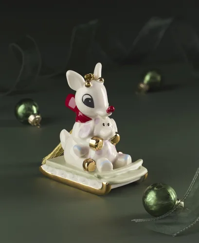 Vista 4 de Adornos de Lenox, adorno navideño de Rudolph y el elefante solitario, porcelana con acentos dorados y cordón para colgar para decoración del árbol
