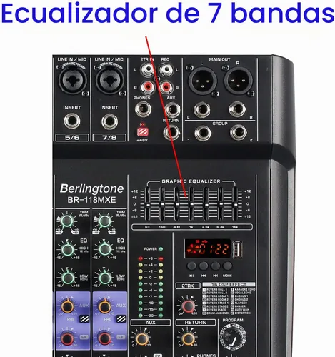 Vista 4 de Consola de Mezclador de Audio Profesional Bluetooth de 8 Canales para DJ, Grabación USB MP3, 6 Entradas XLR para Micrófono, 7 Bandas EQ, 48V Phantom