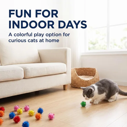 Vista 5 de 100 bolas de oropel con purpurina colorida y bolas de pompones para gatos, para ejercicios de gatitos y múltiples gatos para jugar y perseguir