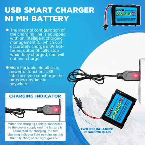 Vista 4 de 2 pilas AA NiMH de 6.0 V 2200 mAh con enchufe SM-2P y cargador USB para TB141 TB142 DE37 RC coche de juguete, excavadora RC, camión