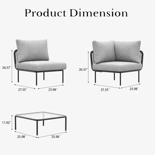 Vista 7 de LayinSun Juego de muebles de patio de aluminio de 7 piezas, sofá modular moderno con mesa auxiliar y cojín de grosor mejorado Gris claro