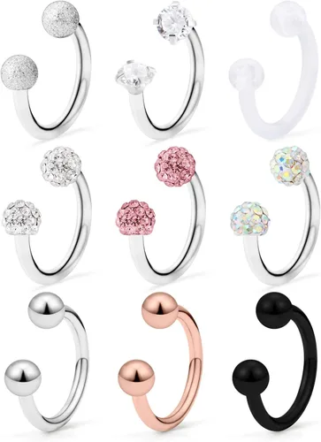 Vista 5 de Hoeudjo 9 – 18 piezas 16G acero quirúrgico, anillo labial de cristal, barra de herradura para cartílago tragus, arete de aro hélix daith Septum