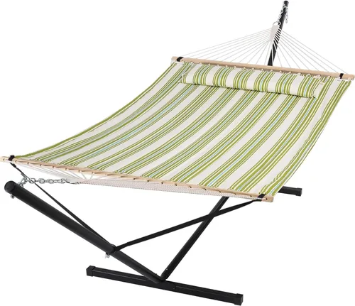Vista 15 de SUNCREAT Hammocks Hamaca doble extragrande con soporte de 12 pies, capacidad de 475 libras, hamaca portátil al aire libre con barra separadora
