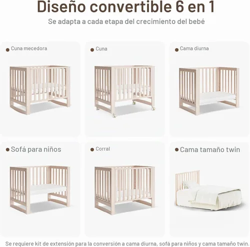 Vista 3 de MAMAZING EvoNest - Mini cuna convertible 6 en 1 con ruedas GREENGUARD Gold Certified, New Zealand Pine Wood, 4 Adjustable Heights, Rocking Mode