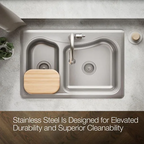 Vista 8 de KOHLER Fregadero de cocina Staccato™ de 33 x 22 pulgadas, fregadero de cocina de acero inoxidable Lrg/Med SS 1 agujero, cuenco doble, K-3361-1-NA