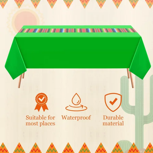 Vista 4 de Preboun Mantel de plástico mexicano y pancarta de papel picado mexicano, suministros de decoración de fiesta para mesas rectangulares, carnaval