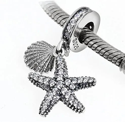 Vista 4 de Colgante de estrella de mar tropical y concha de mar cuentas de plata de ley 925 pulsera de estilo europeo