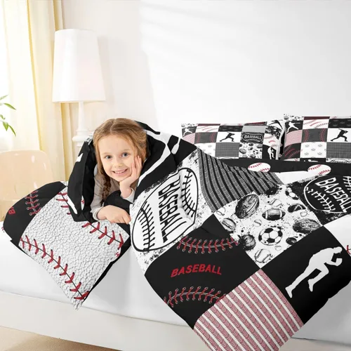 Vista 7 de Erosebridal - Juego de edredón individual para niños con diseño de béisbol y sóftbol, juego de cama deportivo acolchado para niños, edredón