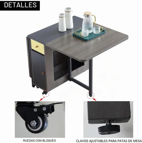 Vista 6 de FUNROLUX Drop Leaf Folding Dining Table with Storage, 2 Drawers, Grey Gris