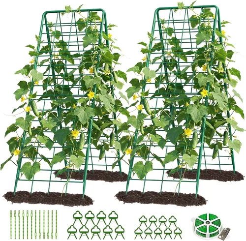Vista 11 de DoCred Enrejado de jardín de metal con marco en A, 2 unidades, acero recubierto de PVC, perfecto para pepinos, calabaza, guisantes, enredaderas