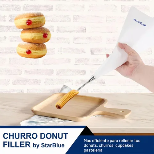Vista 2 de StarBlue - Relleno de rosquillas Churro – Bolsa de tuberías reutilizable y boquilla con inyector de aguja grande, mejor ajuste con churrera churro