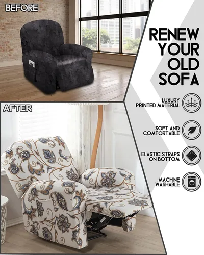 Vista 5 de CRFATOP Funda elástica para sillón reclinable, 4 piezas, fundas impresas para silla reclinable de 1 asiento, colección Fallon, protector de muebles