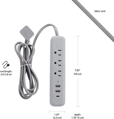 Vista 5 de Globe Electric Designer Series 78551 - Regleta de alimentación USB con protector de sobretensiones de 3 tomas, 2 puertos USB-A, 1 puerto USB-C