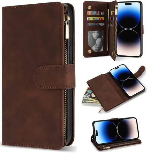 Vista 9 de ZZXX Funda tipo cartera para iPhone 14 Plus con [Bloqueo RFID] Ranura para tarjetas Cuero PU suave premium con cremallera tipo folio plegable