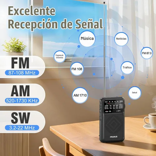 Vista 6 de PRUNUS J211 Radio portátil AM FM, carga USB C y funciona con pilas AA Negro