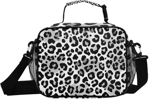 Vista 8 de Kcldeci Bolsa de almuerzo de colores grises con estampado de leopardo animal, bolsas de almuerzo aisladas, caja de almuerzo reutilizable, bolsa