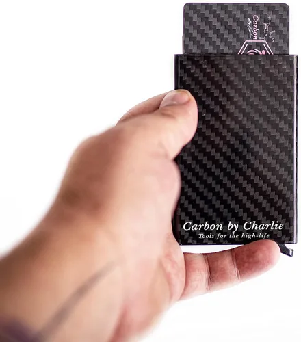 Vista 6 de RFID bloqueo de fibra de carbono pop-up billetera, diseño delgado y lujoso, tarjetero para hombres, caja de regalo, Negro -, Minimalista