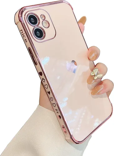 Vista 14 de DEFBSC Compatible con iPhone 12, funda de corazón con borde galvanizado, protección completa de la cámara, esquinas reforzadas elevadas, cubierta