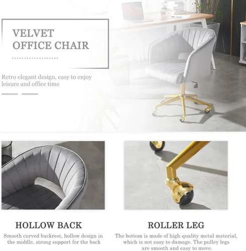 Vista 4 de Silla de tocador gris con rueda, moderna silla de terciopelo para oficina en casa con respaldo, silla cruzada para tocador, sala de estar