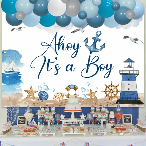 Vista 4 de 70 piezas de decoraciones náuticas para baby shower para niños con fondo Ahoy It's a Boy azul blanco marino marino faro barco y arco de globos