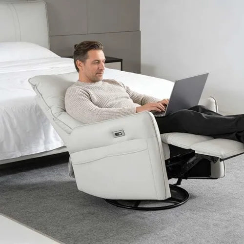 Vista 3 de Sillón reclinable giratorio eléctrico con carga USB, piel sintética para sala de estar (gris claro)