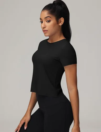 Vista 3 de Micoson Camisetas cortas de entrenamiento para mujer, con espalda dividida, manga corta, atlética, gimnasio, ejercicio, ajustadas, básicas