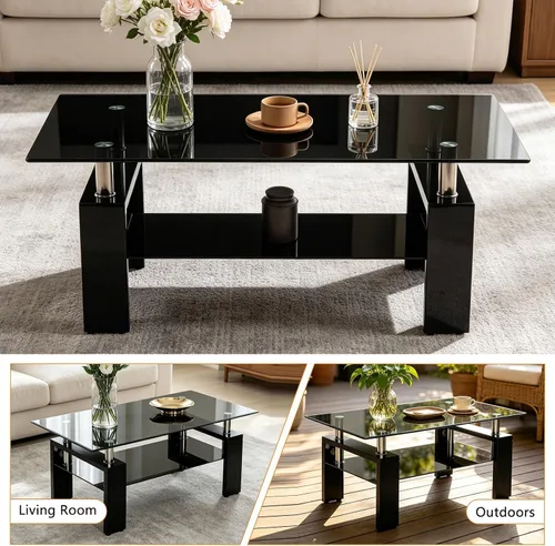 Vista 4 de Mesa de centro rectangular de vidrio, mesa de centro lateral de patas de madera de ingeniería moderna con estante inferior, mesa de centro de vidrio