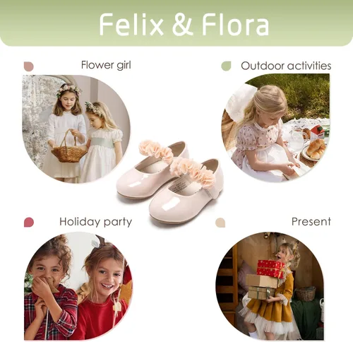 Vista 6 de Felix & Flora - Zapatos bajos de vestir con flores para niña pequeña, tipo balerina, para fiesta, escuela y boda