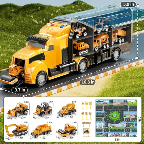 Vista 6 de NIPLOOOW Juego de juguetes de camiones de construcción con alfombra de juego, juego de vehículos de transporte de camiones para niños de 3, 4, 5 y 6