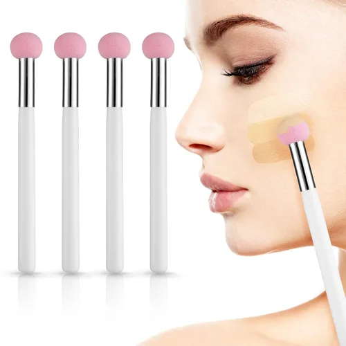 Vista 2 de Sibba Juego de 4 brochas de base de maquillaje con mango rosa y blanco para polvo, rubor, contorno y corrector, incluye esponja, pinceles de mezcla