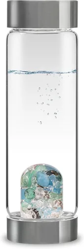 Vista 7 de VitaJuwel ViA AMERICAN DREAM Botella de agua de cristal con oro de 24k · Jaspe rojo · Ópalo blanco · Lapislázuli azul · Cuarzo transparente Vision