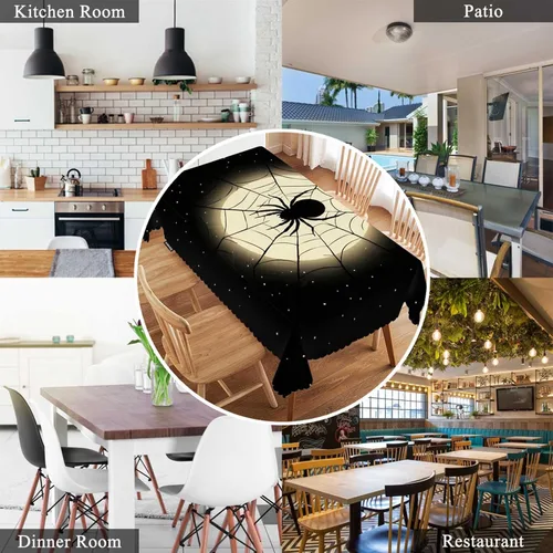 Vista 7 de Swono Mantel rectangular de Halloween de 52 x 70 pulgadas, diseño de araña negra de terror en telaraña, luna, resistente para mesas rectangulares