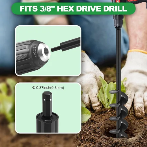 Vista 2 de SELEWARE Auger Drill Bit for Planting 4x32 Garden Auger for 3/8" Hex Drive Black