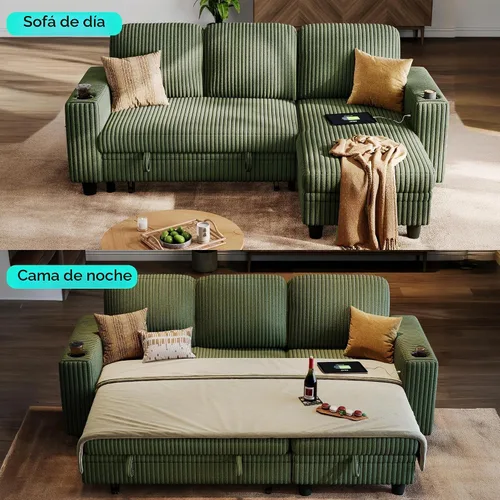 Vista 8 de LINSY HOME Sofá Seccional Cama con Sofá Cama Extraíble Convertible de Pana Suave Tipo Nube con Chaise de Almacenamiento y Carga USB, Cómodos Sofás