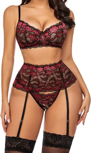 Vista 23 de Avidlove - Conjunto de lencería para mujer de cintura alta, lencería con cinturón, lencería