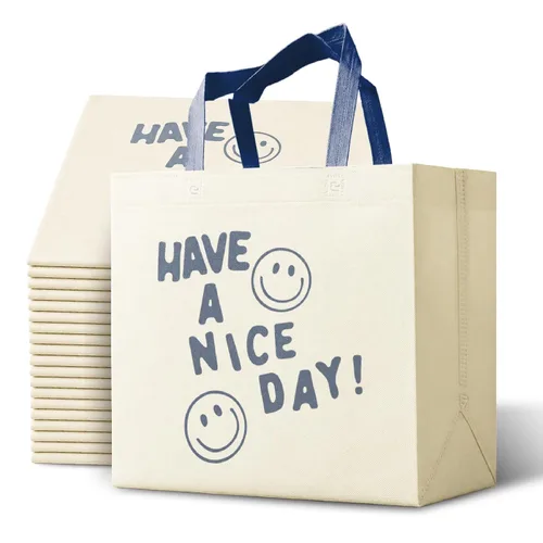 Vista 7 de Bagways Paquete de 30 bolsas de compras reutilizables con asas, duraderas, plegables, lavables, ecológicas, de 14x6.5x14 pulgadas, diseño beige/verde