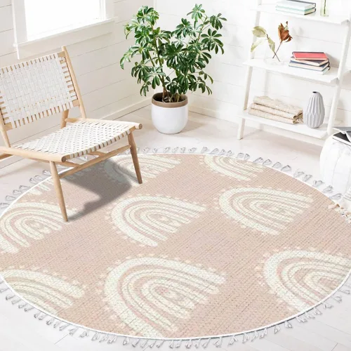 Vista 3 de Alfombra redonda bohemia para niños, dibujada a mano sin costuras con arco iris rosa pastel, alfombra de verano para bebé, alfombra de lino, Multi3