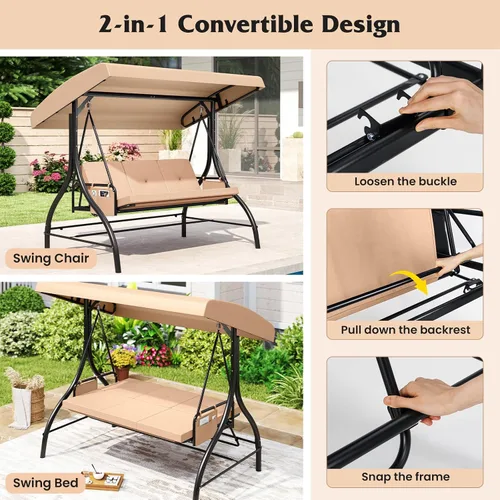 Vista 9 de Tangkula Columpio para porche para 3 personas, columpio convertible 2 en 1 para exteriores con toldo ajustable, cojines extraíbles, marco de metal
