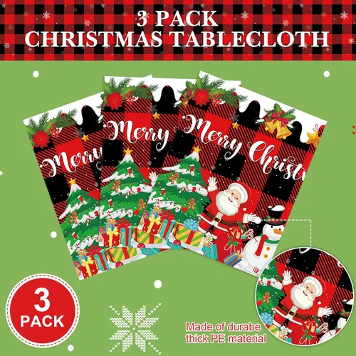 Vista 2 de Tiamon 3 piezas de mantel de Navidad 54 x 108 pulgadas, rojo, negro, mantel a cuadros de búfalo para mesa rectangular, mantel desechable de plástico
