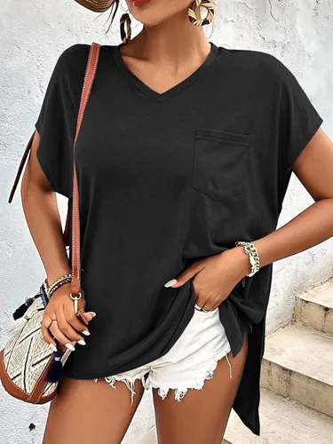Vista 4 de FSHAOES Camisetas de verano con cuello en V para mujer, manga casquillo, camisetas de gran tamaño, ajuste holgado