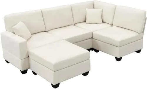 Vista 9 de Juego de sofá esquinero de tela de lino en forma de L de 89.8 x 60.2 pulgadas, sofá seccional, modular de 5 asientos con otomana convertible (E)