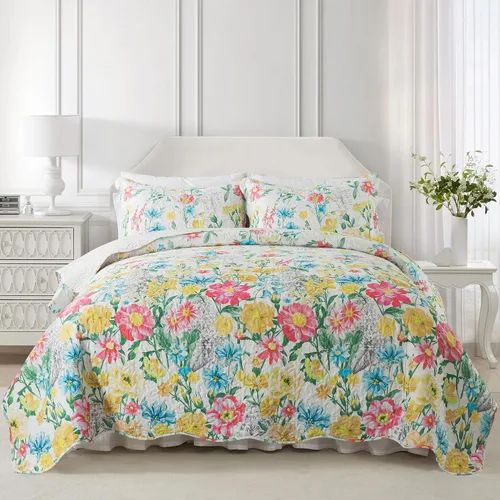 Vista 25 de NEWLAKE - Juego de cubrecama reversible de microfibra bordada con patrón floral en relieve en jacquard beige, tamaño queen