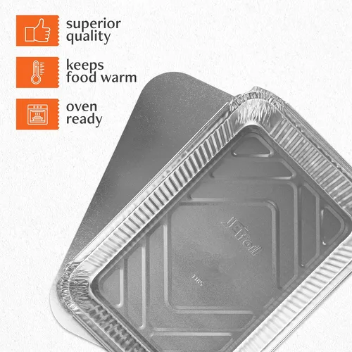 Vista 4 de PLASTICPRO Moldes de Aluminio Desechables para Llevar de Papel de Aluminio Oblongos para Hornear de 4 LB de 12'' X 8'' X 2'' Pulgadas Con Tapas