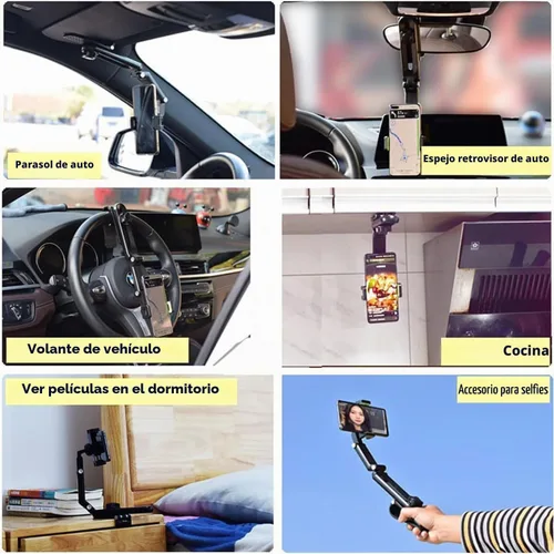 Vista 5 de Soporte giratorio y retráctil para teléfono para automóvil, multifunción con rotación de 1080°, soporte universal para teléfono celular, clip