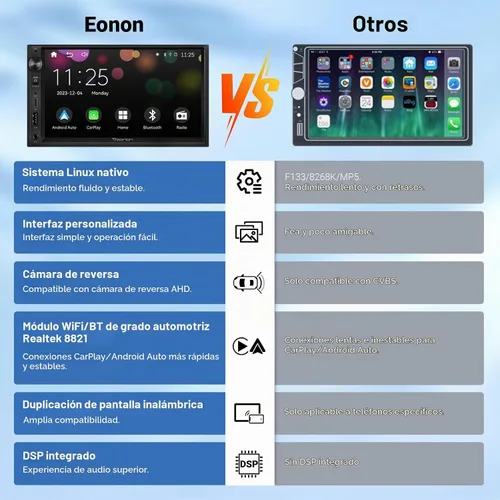 Vista 4 de EONON - Estéreo de coche de 7'' de doble DIN, inalámbrico CarPlay y Android Auto, receptores de audio para coche con cámara de respaldo AHD, DSP