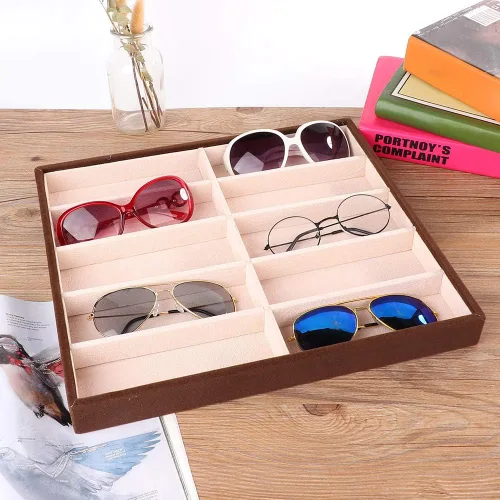 Vista 6 de Cyrank Caja de 10 rejillas para lentes de sol, organizador de lentes de sol, bandeja de almacenamiento para lentes de sol, organizador de terciopelo